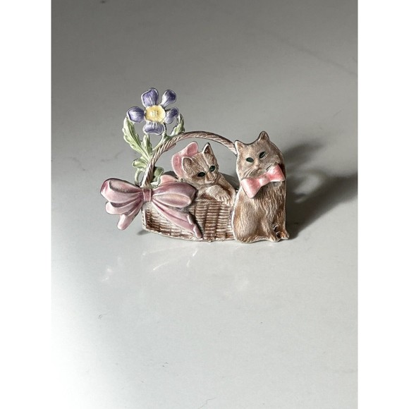 Vtg Kenneth Cole Enamel Rhinestone Cat Kitten In Basket Brooch Clasp Pin Signed - Picture 10 of 10